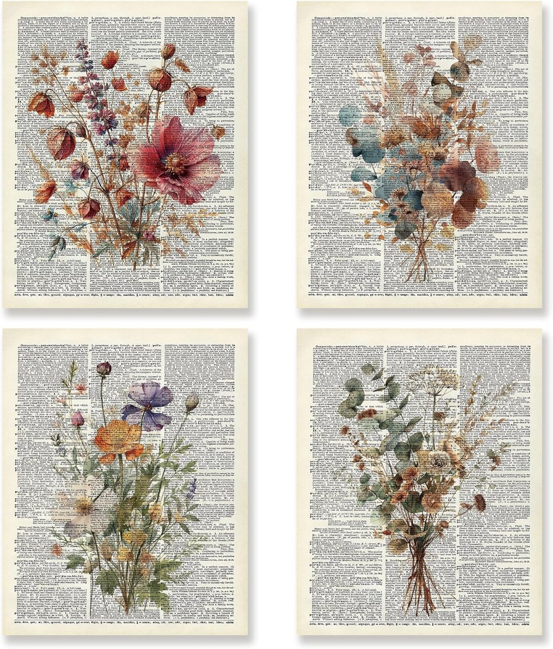 Summer Retro Floral Wall Decor Set of 4, Vintage Wildflower Artwork Poster, Rustic Botanical Flowers Wall Decor for Living Room, Bedroom, Office, Farmhouse Decorations, 8"x10" (Unframed)